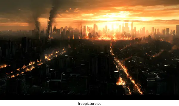 Burning Cityscape at Sunset