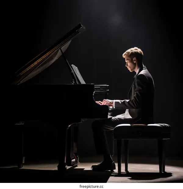 Young male pianist playing grand piano in spotlight