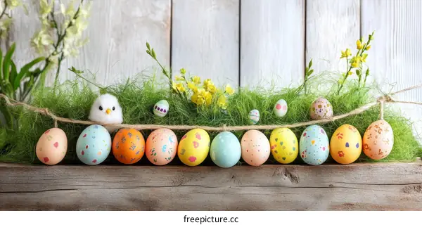 Colorful Easter Eggs Decorated on Wooden Table