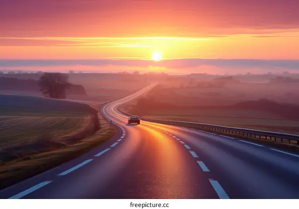 Car driving on a rural road at sunset