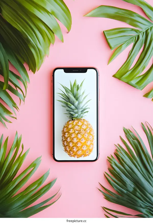 Summer Phone Background with Tropical Leaves and Pineapple