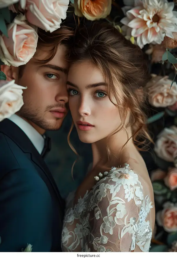 A bride and groom pose for a photo in front of a flower wall. The bride is wearing a lace wedding dress and the groom is wearing a suit.