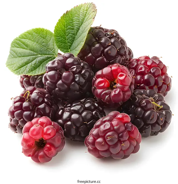 Fresh Blackberries and Leaves on White