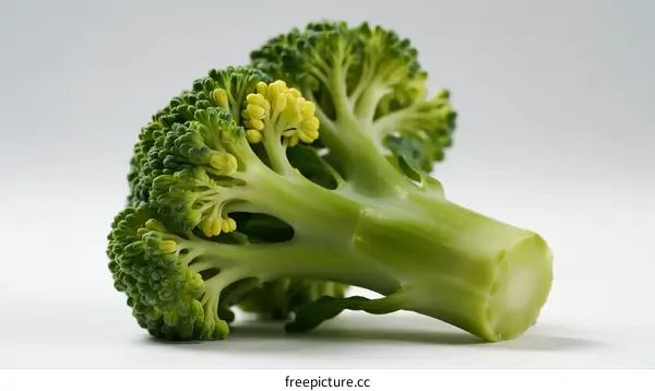 Fresh Green Broccoli with Yellow Florets on White Background