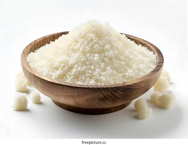 A wooden bowl filled with white sugar crystals
