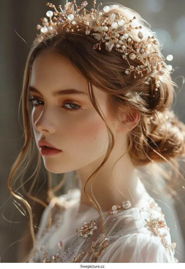 portrait of a beautiful young woman wearing a golden headpiece
