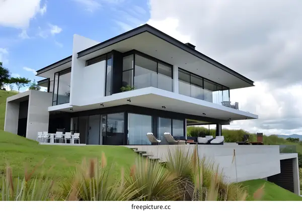 Modern House with Large Windows and a Balcony