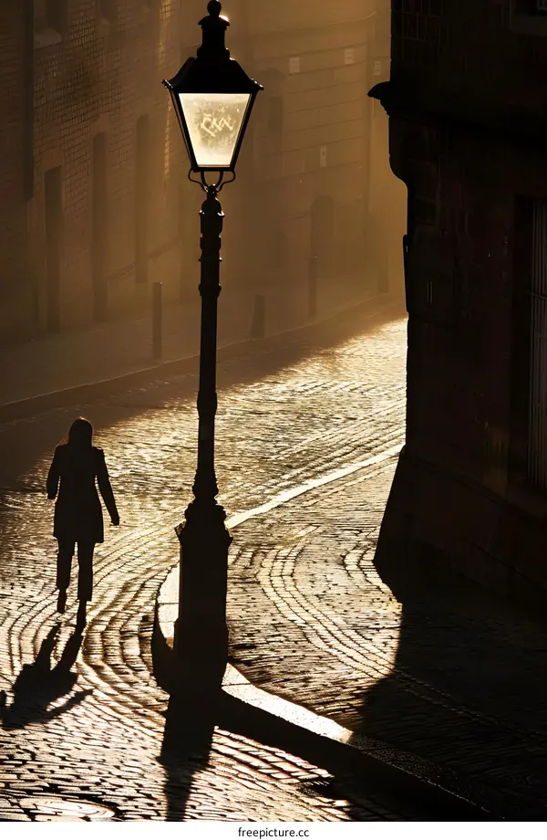 Silhouette of a Woman Walking on a Cobblestone Street with a Streetlight