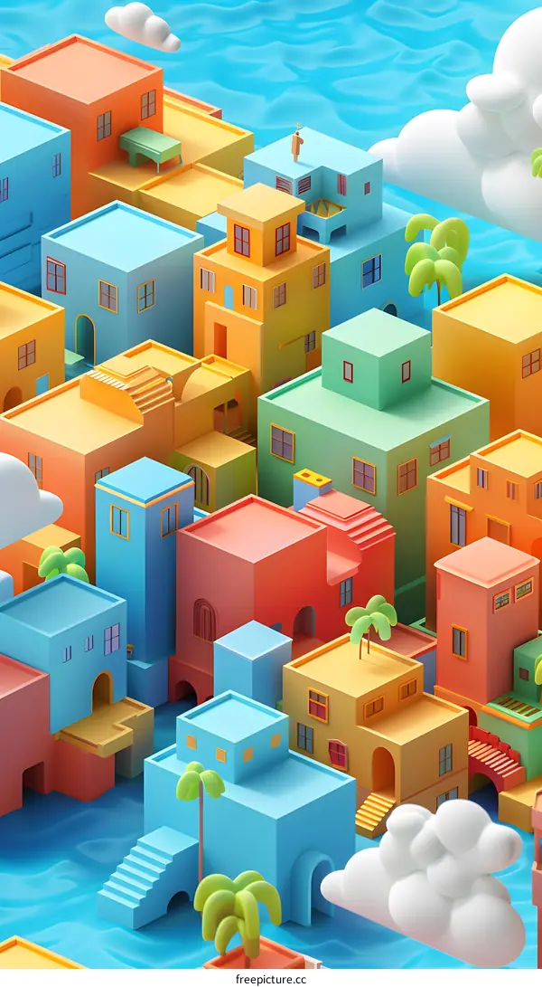3D illustration of a city with colorful buildings and palm trees