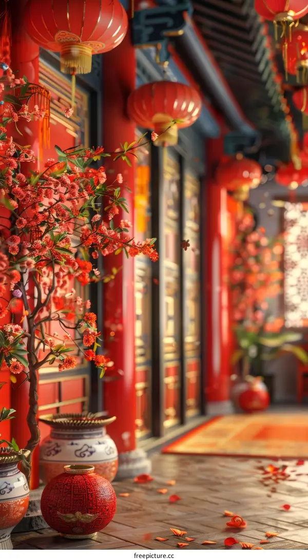 Chinese New Year Decoration with Sakura and Lanterns