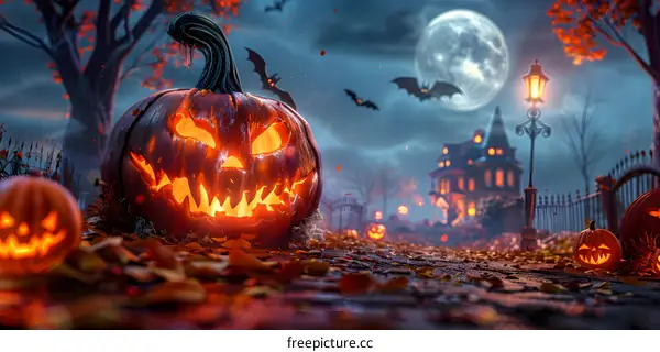 Spooky Halloween pumpkins and haunted house