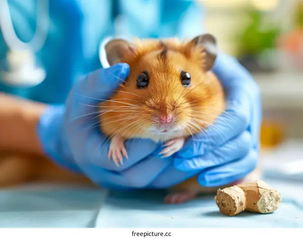 Close-up of a Hamster Held by a Veterinarian with Blue Gloves