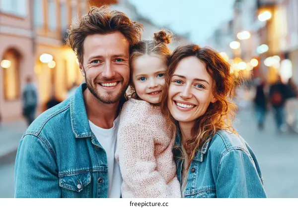 Happy Family Portrait in City Street