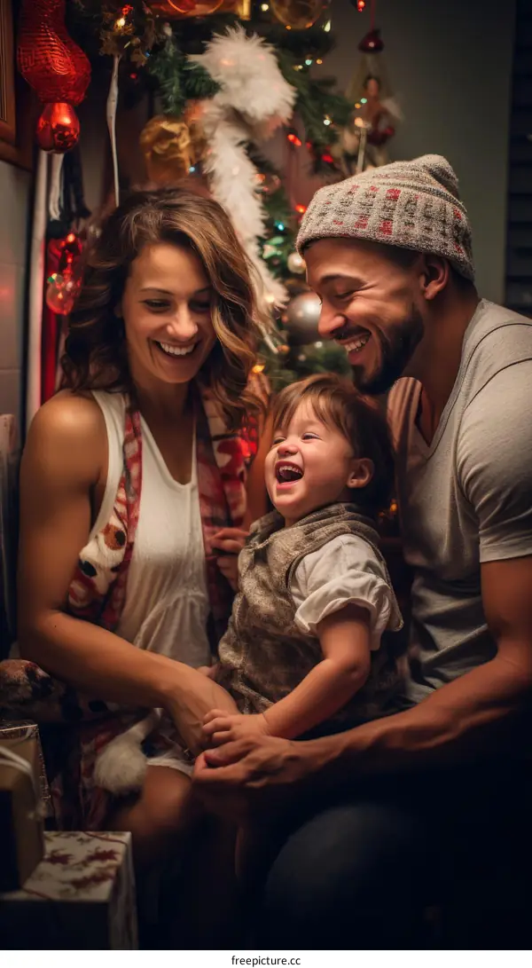 Happy family of three celebrating Christmas