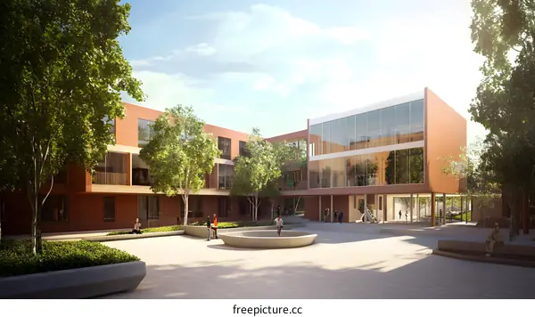 Modern Brick Building with Courtyard and People