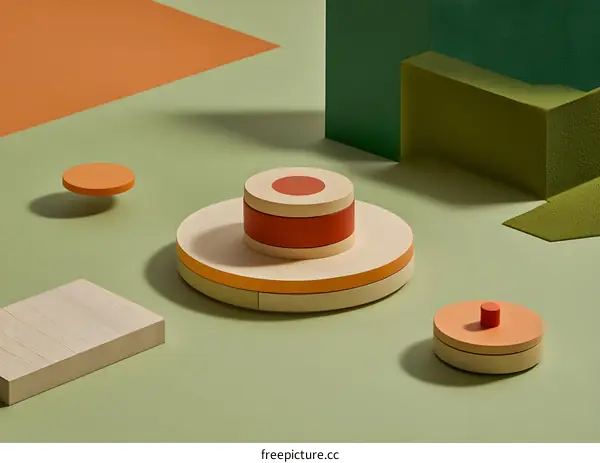 Abstract Minimalist 3D Render of Geometric Shapes in a Colorful Composition