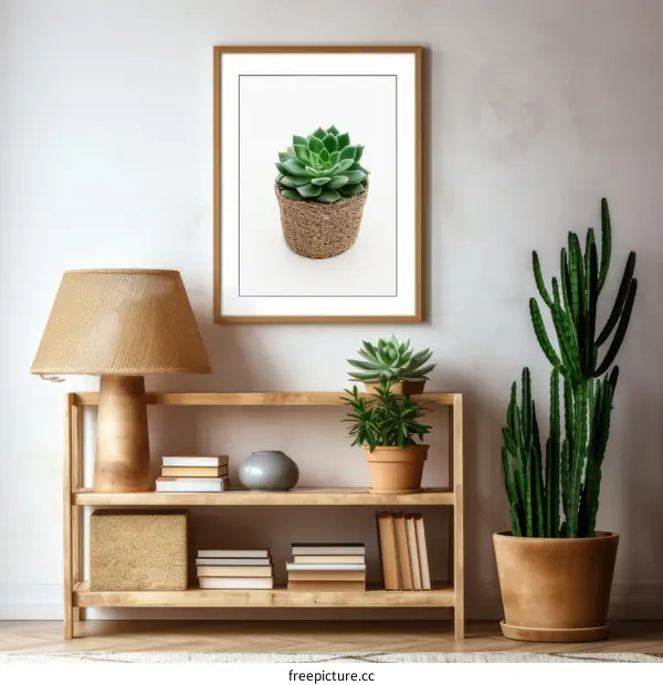 A beautiful succulent plant in a woven basket on a shelf with other plants and books