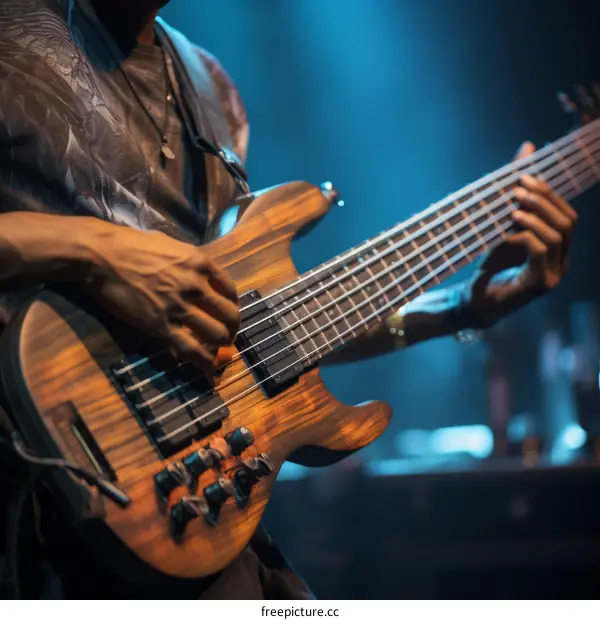 A musician playing an electric bass guitar on stage