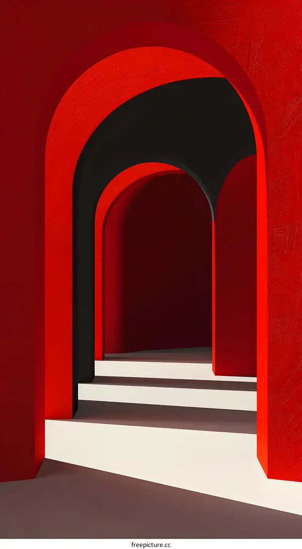 3D rendering of red arched hallway