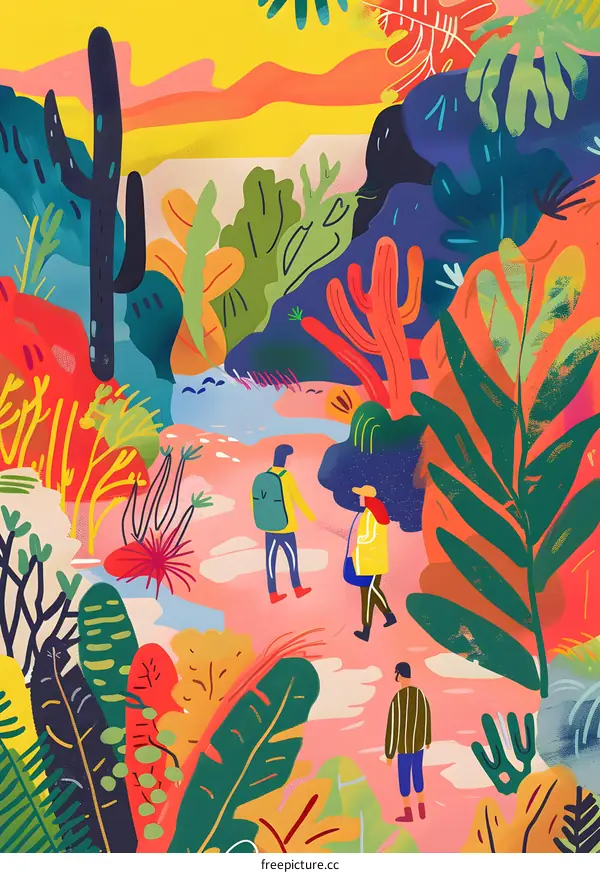 Illustrated People Walking Through a Colorful Forest