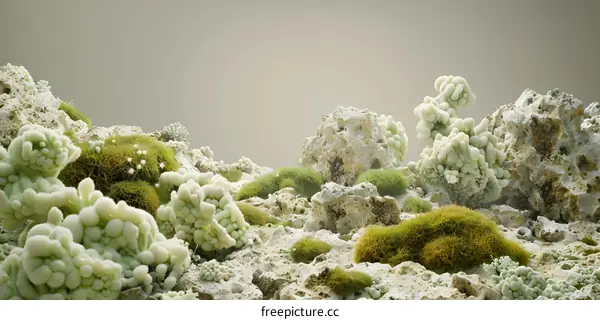 Abstract Landscape with Green Moss and White Rocks