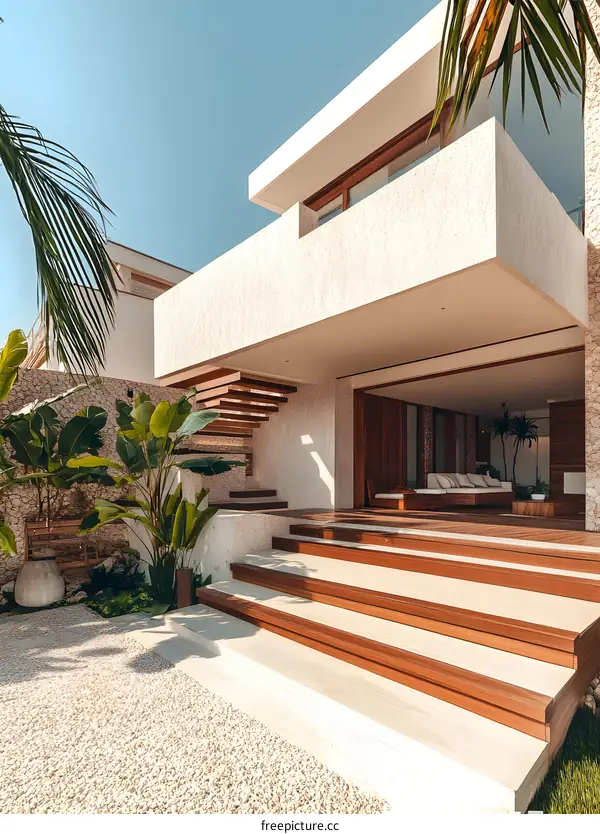 Modern Minimalist Villa with Wooden Stairs and Tropical Plants