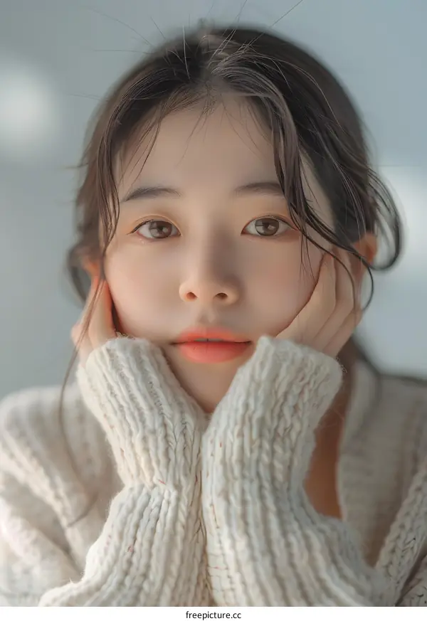 Portrait of a Young Asian Woman with a Knitted Sweater