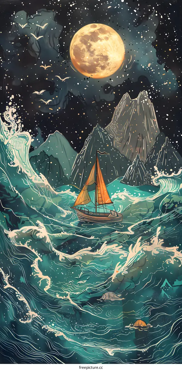 Sailboat on the Sea with Full Moon and Stars in the Night Sky