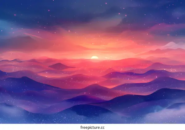 Fantasy landscape with a beautiful sunset over rolling hills.