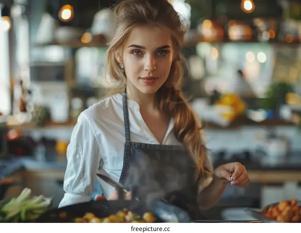 Portrait of a beautiful young female chef cooking in a commercial kitchen