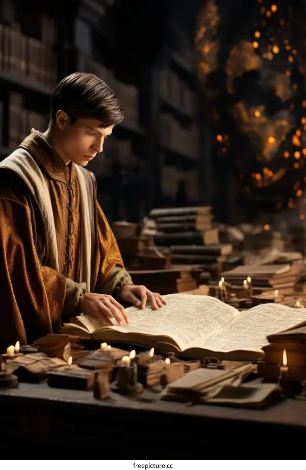 Young male scholar reading a book in a library