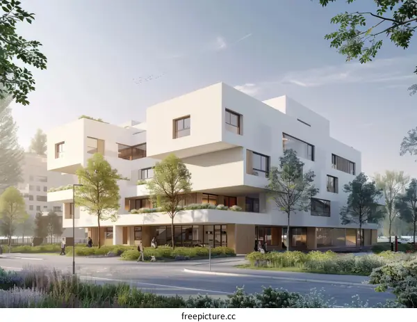 Modern apartment buildings with large windows surrounded by greenery