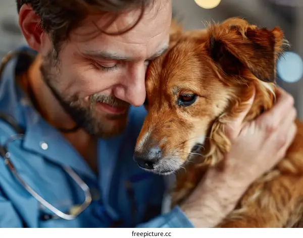 Bearded veterinarian hugging a brown dog