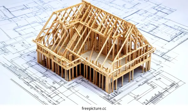 Wooden House Frame Model on Architectural Drawings