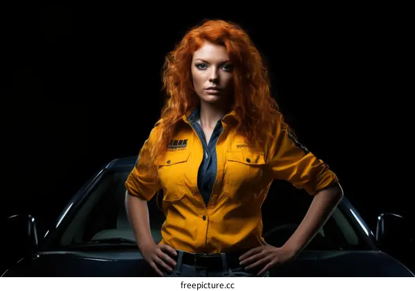 Redhead woman standing in front of a black car