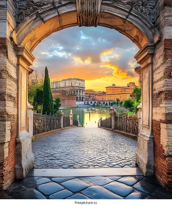 Sunset View Through Archway in Rome Italy