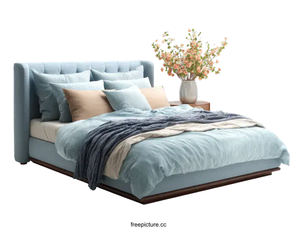 [Transparent Background PNG]Modern Light Blue Upholstered Bed with Accents