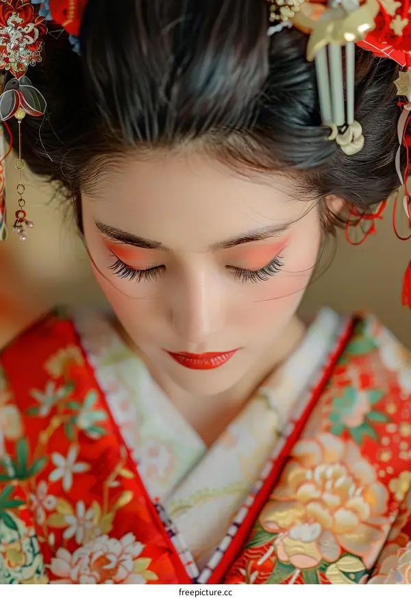 A beautiful Japanese woman in traditional kimono with hair accessories and makeup