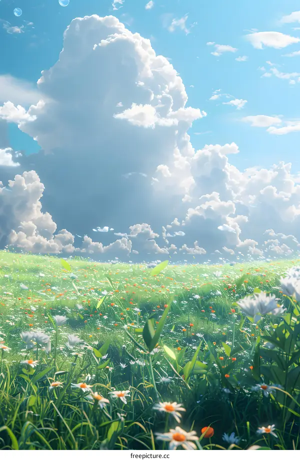 A beautiful field of flowers under a blue sky and white clouds