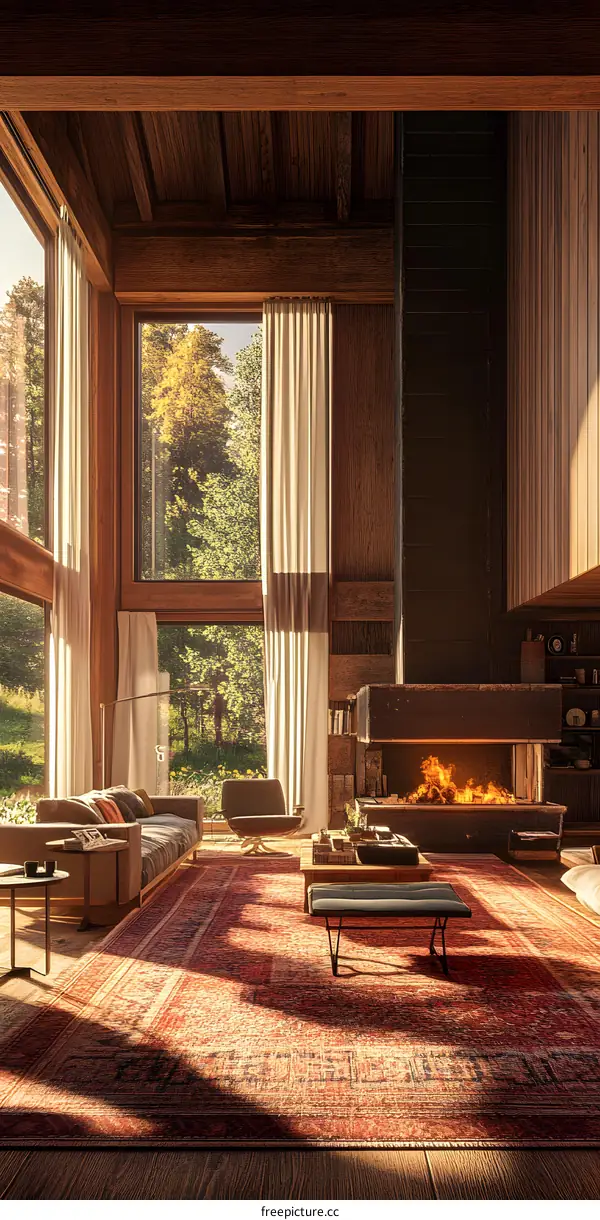 Modern Wooden House Interior Design With Large Windows and Fireplace