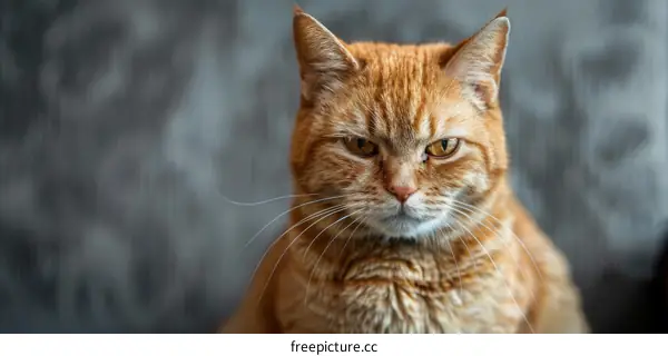 A ginger cat is sitting on a gray background