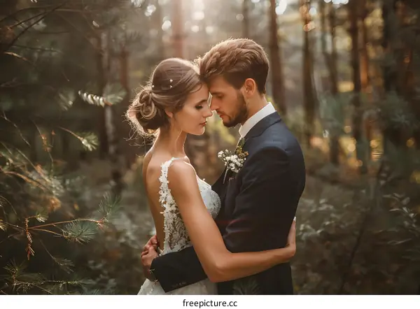 A loving couple is hugging in the woods on their wedding day