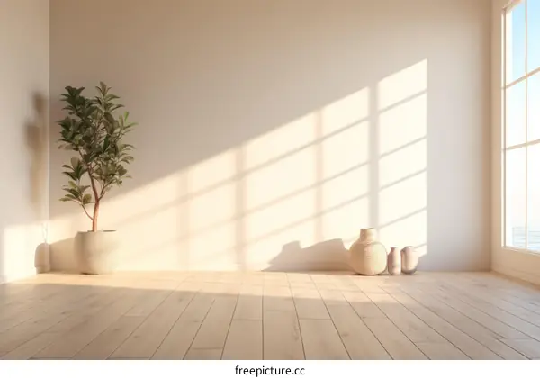 Bright empty room with wooden floor and large windows