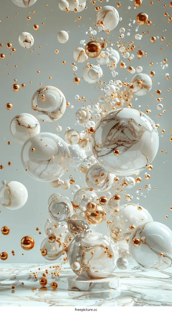 Abstract White and Gold Spheres on a Marble Podium
