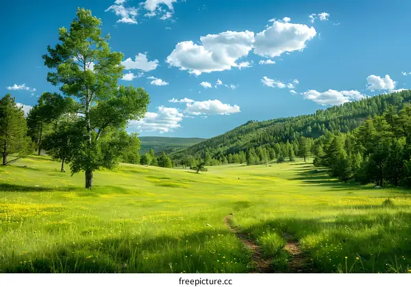 Green Meadow with a Dirt Road and a Birch Tree