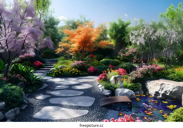 A beautiful garden with a pond, flowers, and a tree