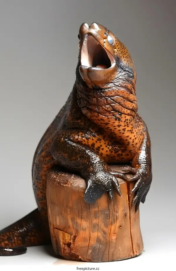 Axolotl sitting on a wooden stump