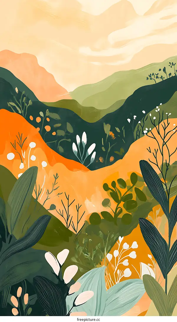 Abstract Mountain Landscape with Green and Orange Colors