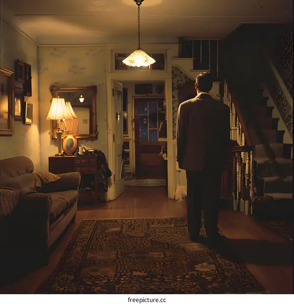 man standing in a dark living room