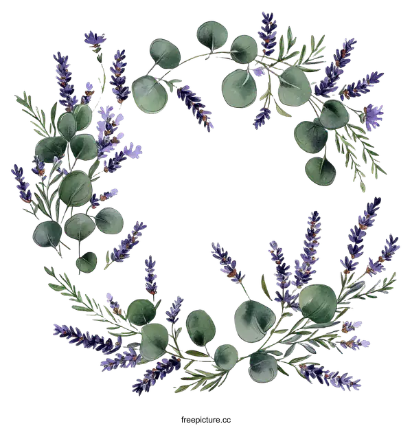 [Transparent Background PNG]Watercolor Lavender and Eucalyptus Wreath Design
